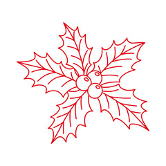 Simple line art outline drawing of traditional holly berry plant in red. Classic Christmas, New Year, and winter holiday symbol. Vector illustration for festive greeting cards and winter themes.