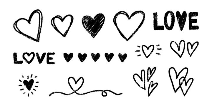 Black textured elements set related to love. Includes various hand drawn chalk crayon hearts and word LOVE in doodle scribble style. Perfect for Valentine's Day, weddings, romantic themes.
