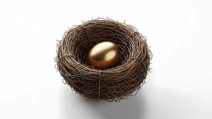 Golden egg resting securely in a natural bird's nest on white background