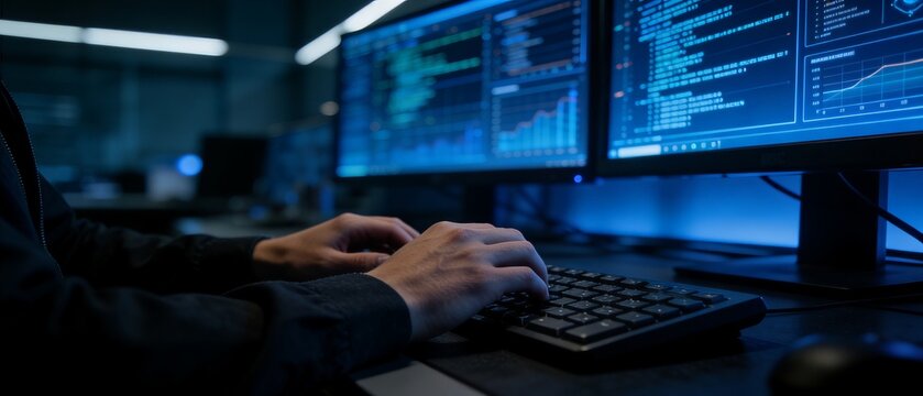 Photorealistic cybersecurity monitoring environment representing digital protection and data security for modern enterprises - Powered by Adobe