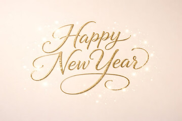 A festive gold Happy New Year text on a beige background with sparkles and a gradient effect, elegant and celebratory design