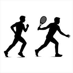 Vector illustration of a girl and woman in silhouette alongside a man and woman athlete team in black action poses playing sports games like football, tennis, soccer, basketball, and running