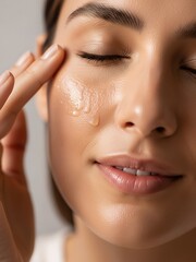 Woman applying skincare product to her face with her eyes closed.