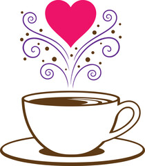 A stylized illustration of a coffee cup emanating a loving pink heart and decorative swirls