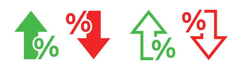red and green percentage arrows, percentage growth and decline icons set percent arrow up and down, flat and line style symbols collection stock vector