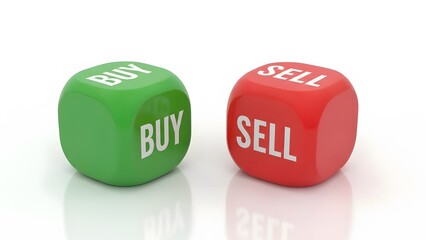 Two dice, one green with buy side, one red with sell side, on white