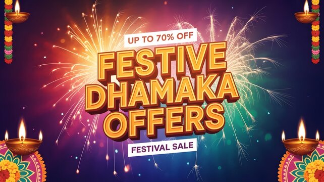 Festive dhamaka offers banner with fireworks and explosion effect, Indian festival shopping sale promotion design