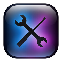Glass Square Spanner and Screwdriver Tools in an X-Shaped Arrangement Button icon with Blue and Purple Neon Light