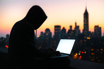 Anonymous hooded silhouette using a laptop on a rooftop at dusk with city skyline in background. Concept of anonymity, cybersecurity, hacking, remote work