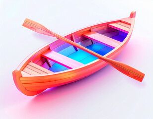 Stylized wooden rowboat with two oars, vivid pink‑orange‑purple‑blue gradient interior and wood grain details, surreal 3D render evoking nautical, artistic, and leisure themes.