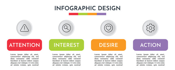 AIDA Marketing Model Label Based Info graphic Explaining Attention Interest Desire Action Business Process Flat Vector Illustration