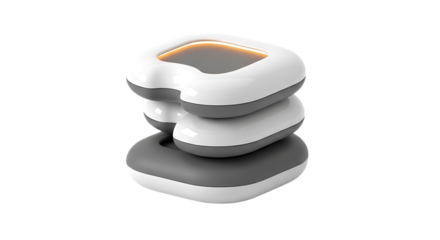 Stack of three modern white and gray rounded square objects with orange glow graphic design