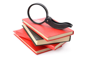 Magnifying Glass Resting on a Stack of Red Hardcover Books Isolated on White Background with Copy...