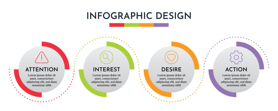 AIDA Model Progress Circle Info graphic Showing Attention Interest Desire Action Marketing Development Flat Vector Illustration