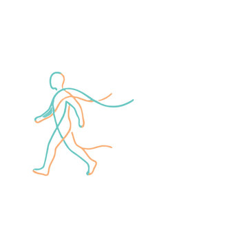 Minimalist vector logo of walking person formed by intertwined teal and orange lines, symbolizing movement and rehabilitation on white background