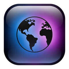 Glass Square Earth Globe Button icon with Blue and Purple Neon Light
