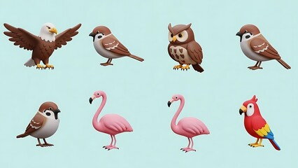 Obraz premium Set of various 3D bird icons featuring an eagle, owl, sparrow, flamingo, and macaw in a charming, rendered style