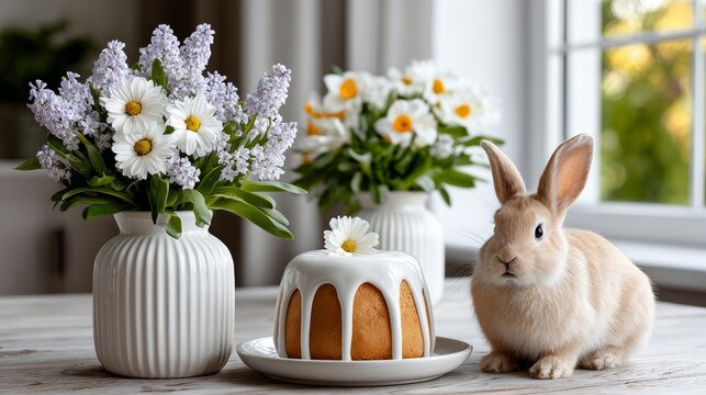 A rabbit is sitting on a table next to a cake and a vase of flowers. The scene is peaceful and serene, with the rabbit looking up at the camera