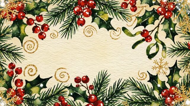 Watercolor christmas holiday frame festive design holly berries evergreen branches gold glitter isolated