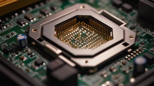 Close-up of a computer motherboard CPU socket with pins.