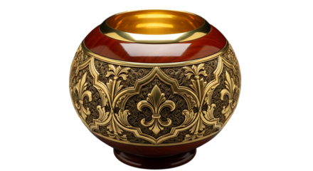 Ornate round wooden bowl with intricate gold filigree and a golden rim graphic design