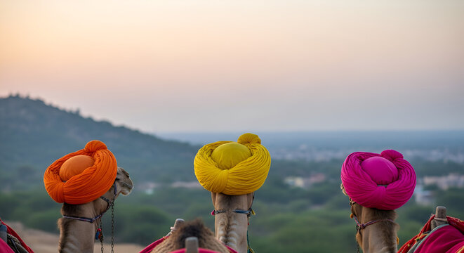 Pushkar Camel Fair Rajasthan &ndash; Camels and Traders in Colorful Turbans at Desert Festival, Authentic Cultural Gathering in India with Scenic Mountain