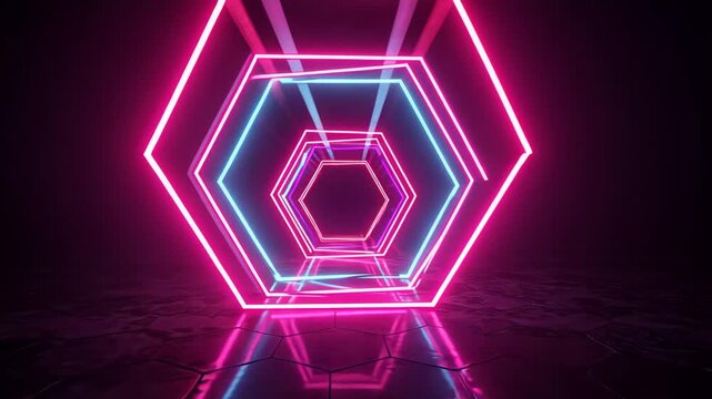 Futuristic neon tunnel with pulsating hexagonal light patterns