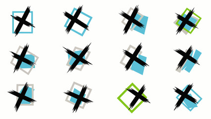 Obraz premium Abstract X marks pattern with geometric squares and diamonds in blue, grey, and green. Modern graphic design elements for backgrounds and symbols.