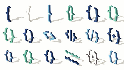 Abstract 3D rendered curly braces and brackets in various colors and orientations, representing coding and programming concepts.
