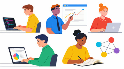 People working on computers and writing