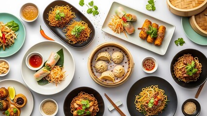 Delicious asian cuisine spread on white table