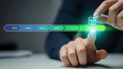 Person interacting with virtual progress bar reaching 100 percent completion
