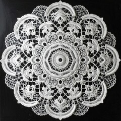 Intricate, white circular lace pattern on a stark black background