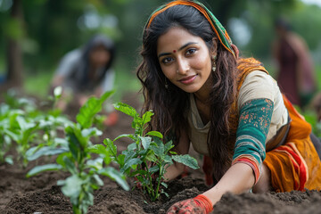 Woman planting a plant in a field.