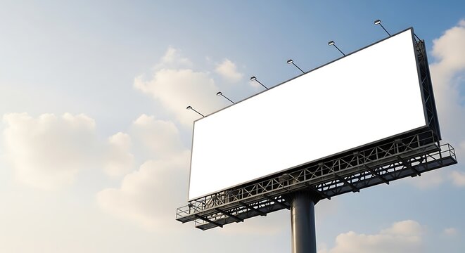 A blank billboard stands tall against a backdrop of a bright blue sky dotted with fluffy white clouds, offering a perfect advertising space