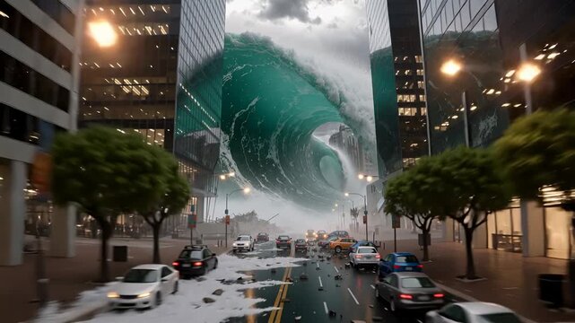 Giant tsunami wave engulfs a modern city street between skyscrapers. Catastrophic natural disaster causing urban destruction and flooding. Backward camera movement with a tilt up.