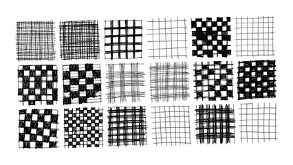 Fototapeta premium Set of black and white hand-drawn vector illustrations featuring various plaid, checkered, and striped seamless patterns for backgrounds and graphic design 