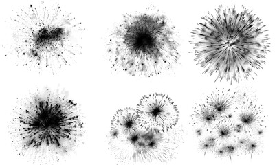 Dynamic abstract black and white burst effects, resembling fireworks, energetic splatters, and organic textures, ideal for creative graphic design and visual overlays