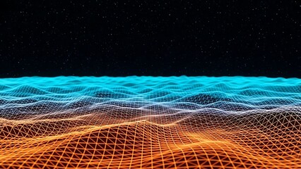 Digital landscape with orange and blue grid pattern
