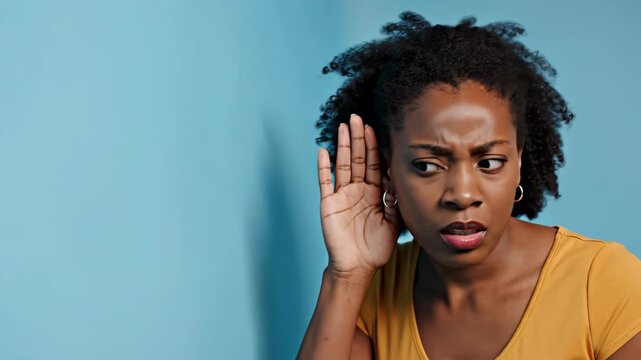 curious african american woman listening with hand near ear to hear secret or gossip. young lady eavesdropping on blue background. rumor concept, copy space.