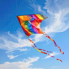 Colorful diamond kite with streamers soars against a bright, cloudy blue sky