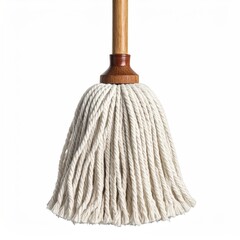 A close-up of a mop with a wooden handle, on white background