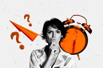 Trend artwork 3D photo collage design of young woman thought solution minded question paper plane portrait fast deadline work point clock