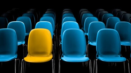 Fototapeta premium One Yellow Chair Stands Out Among Many Blue Chairs In A Dark Room.