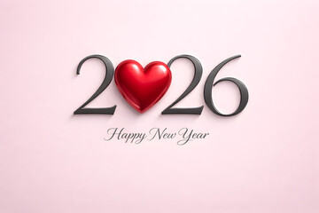 A festive graphic design featuring 2026 with a red heart replacing the zero on a soft pink to white gradient background with Happy New Year text