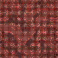 Digital military wavy camouflage. Seamless pixel camo pattern. Halftone dots background. Dark brown and red color. Abstract texture for print on fabric, textile or paper. Vector

