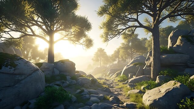 Serene rocky landscape with trees and sunlight - Powered by Adobe