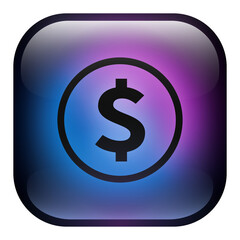 Glass Square Button featuring a Dollar icon inside a Ring with Blue and Purple Neon Light