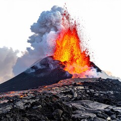 An erupting mountain spewing lava and smoke against a white sky
