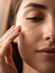 Woman applying eye patch to her face for skincare routine